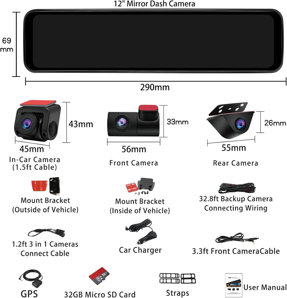 12" Rear View Mirror Dash Cam 3 Channel - Car Rearview Camera Dashcam