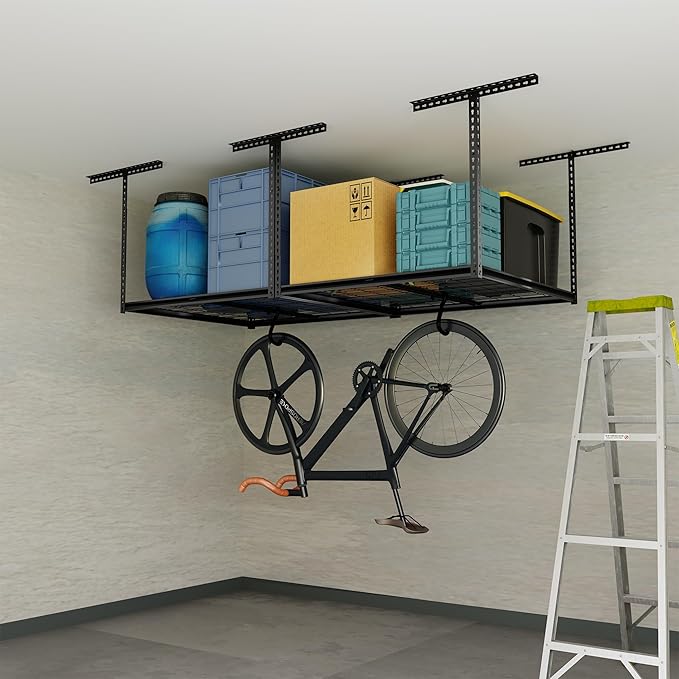 The Atlas 4 x 8 ft Adjustable Height Overhead Garage Storage Rack 900 lbs Heavy
