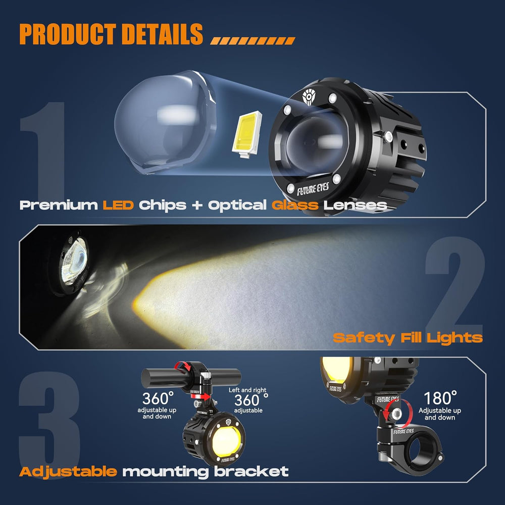 Future Eyes Motorcycle LED Fog Lights, 120W Auxiliary Driving Spotlight, High...