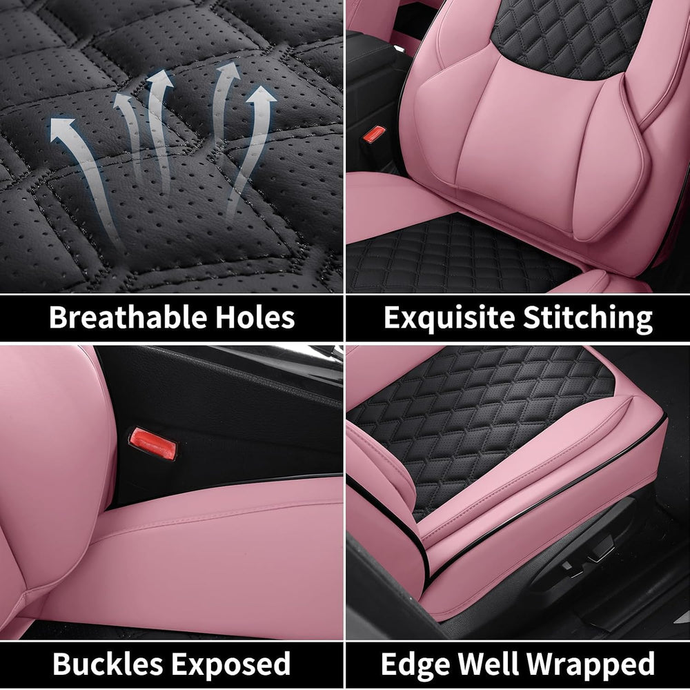 Pink Black Leather Car Seat Covers Full Set Universal Fit for Most 5 Seats