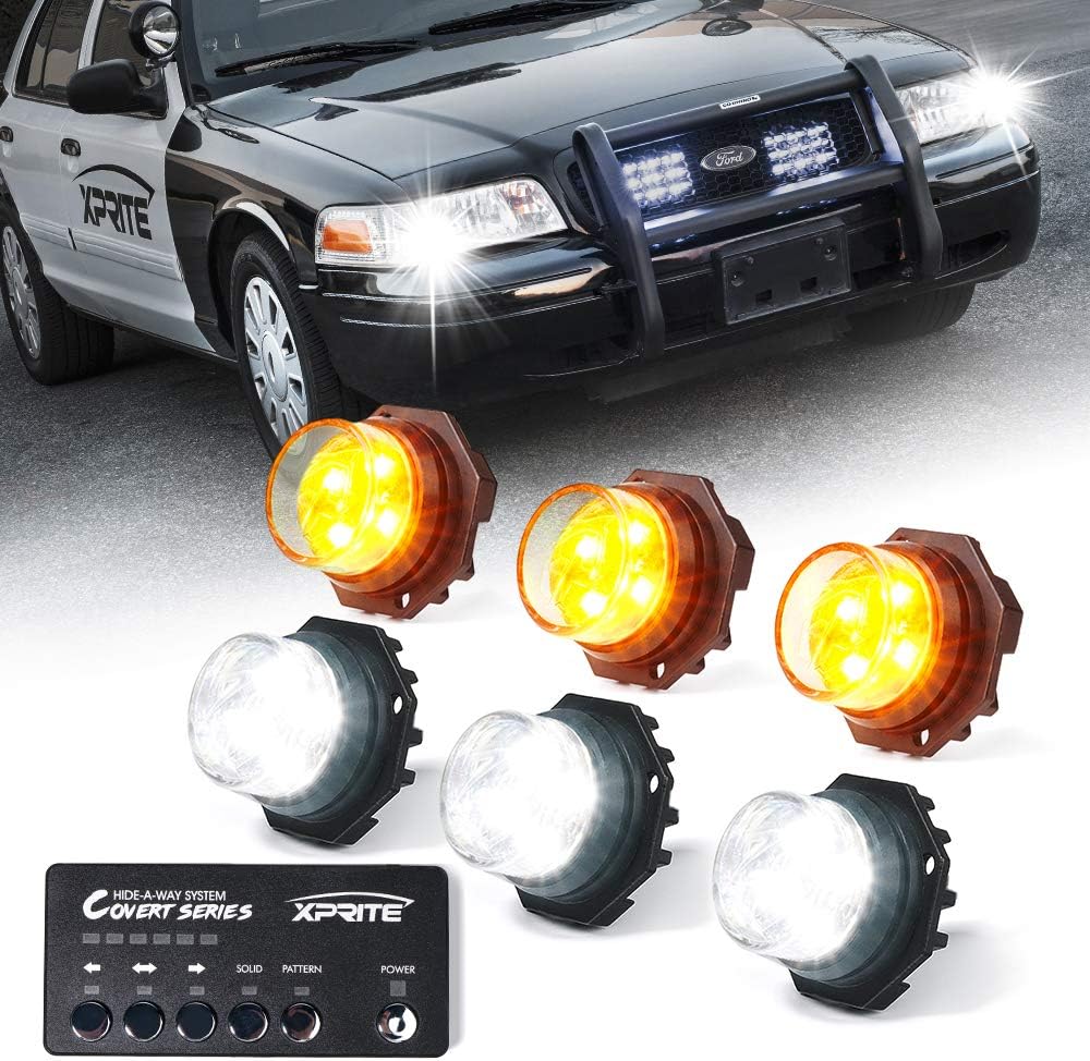 Xprite White Amber LED Hideaway Strobe Lights Kit 20 Flashing Patterns (6 PCS)
