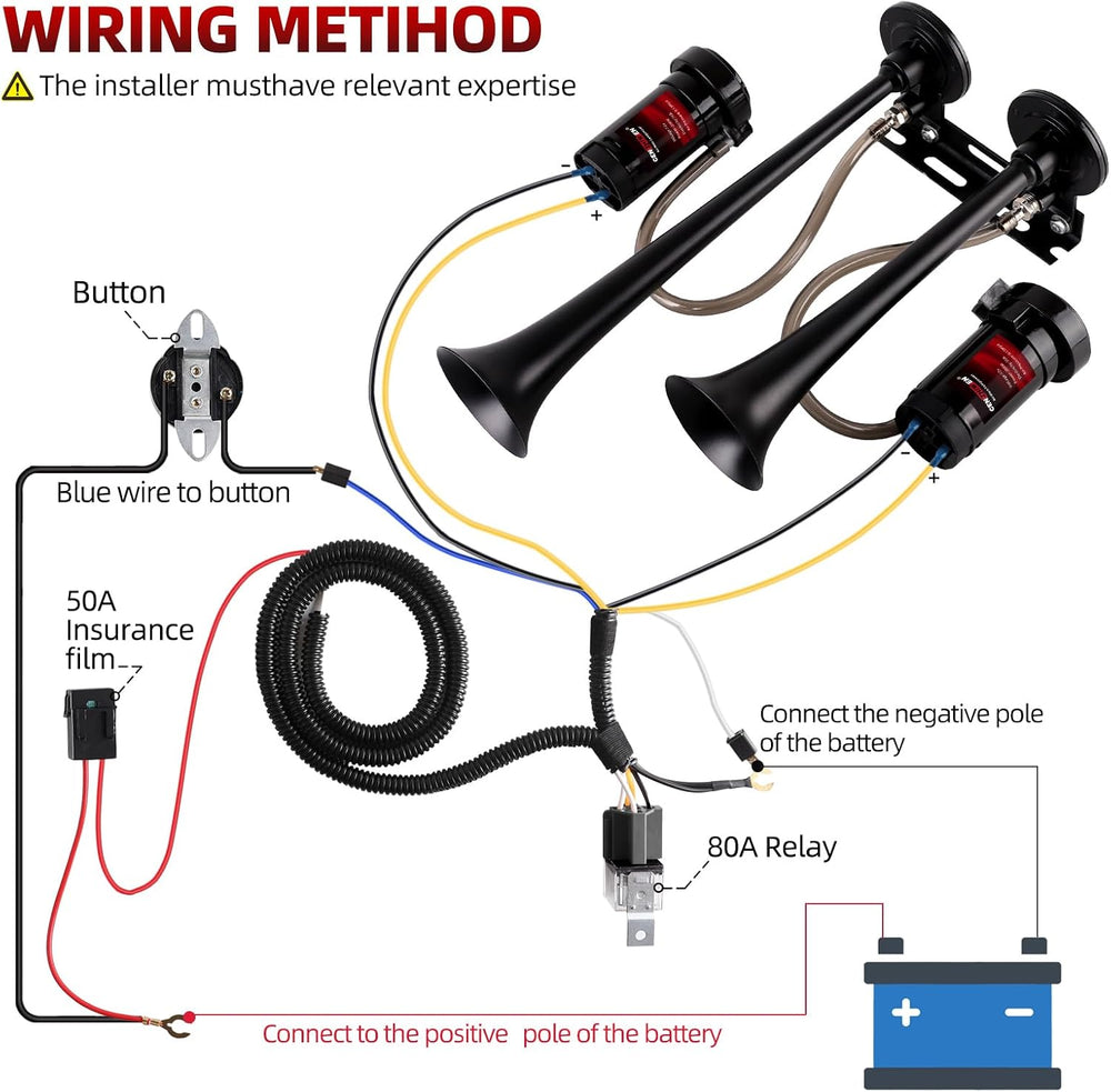 12V Metal 2-Trumpet Train Horn for Truck Kit with 2 Air Compressors