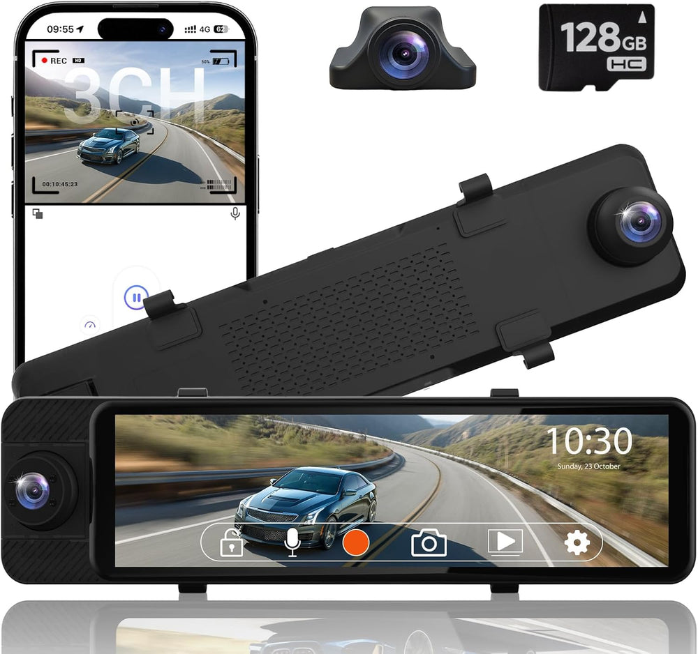 3 Channel Rear View Mirror Camera, Mirror Dash Cam Front Rear and Inside