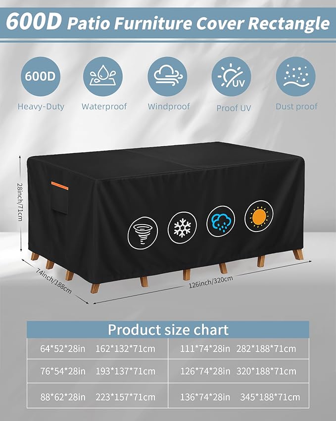 Outdoor Waterproof Furniture Cover, 126W x 74L x 28H inches Heavy Duty 600D