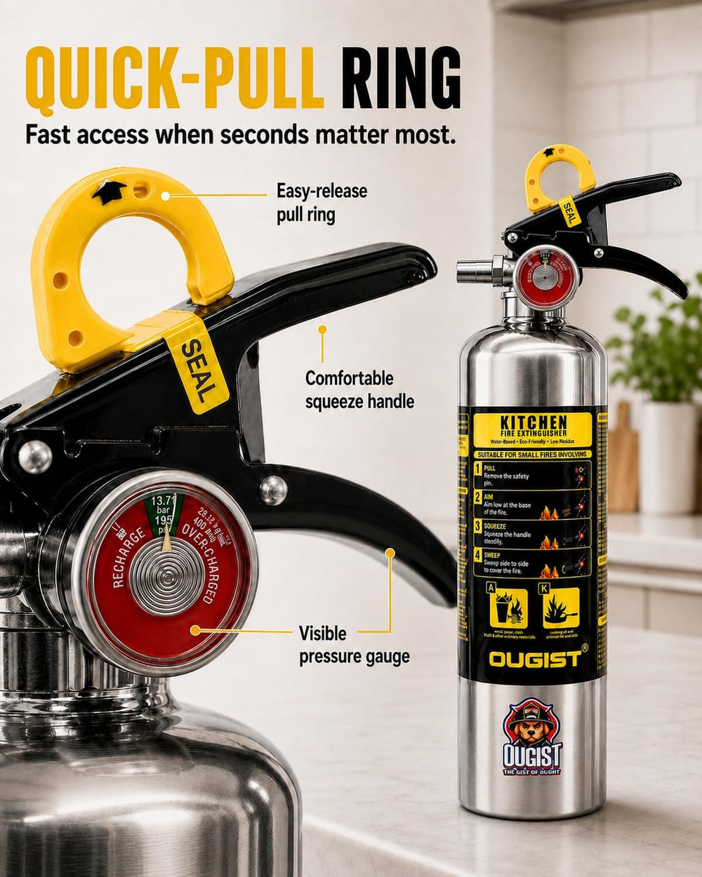 Ougist Class K Fire Extinguisher for Kitchen, 1-A:K, 34 Fl Oz Wet Chemical