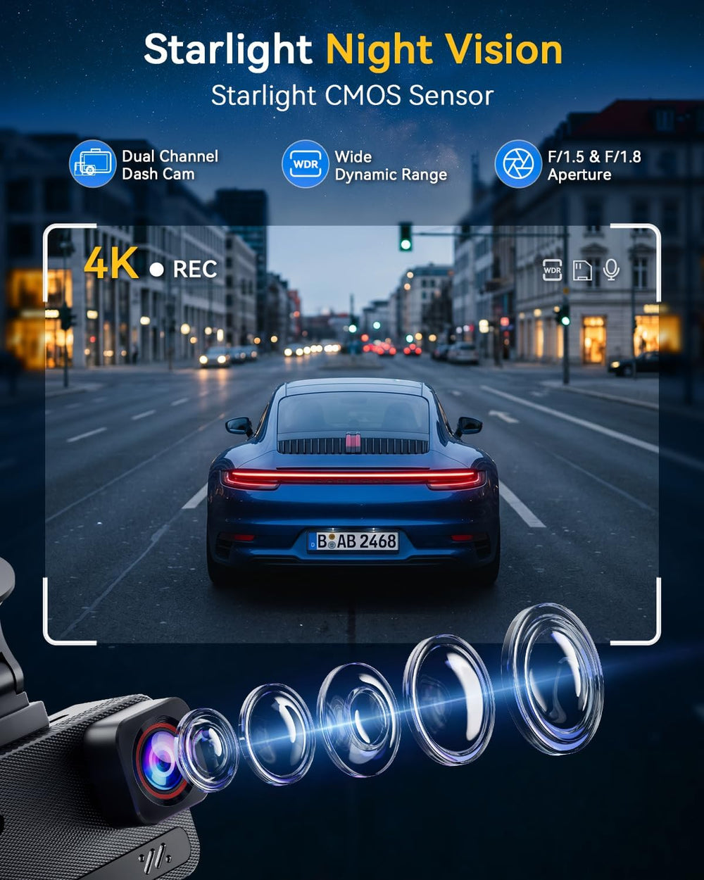 4K+4K Dash Cam, Free 128GB Card, 5.8GHz WiFi6 - up to 20MB/s