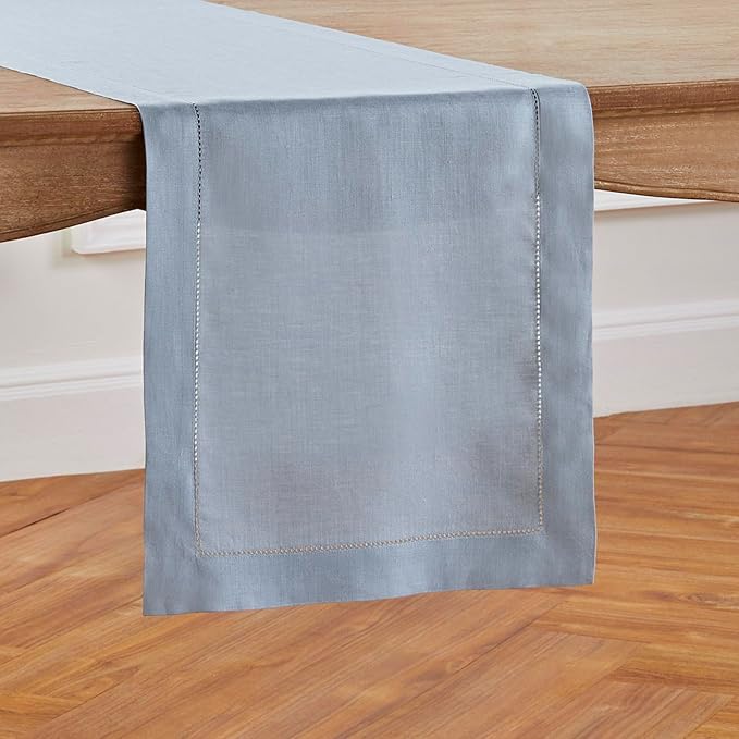 Solino Home Linen Dusty Blue Table Runner 60 Inches - Classic Hemstitch, 100%...
