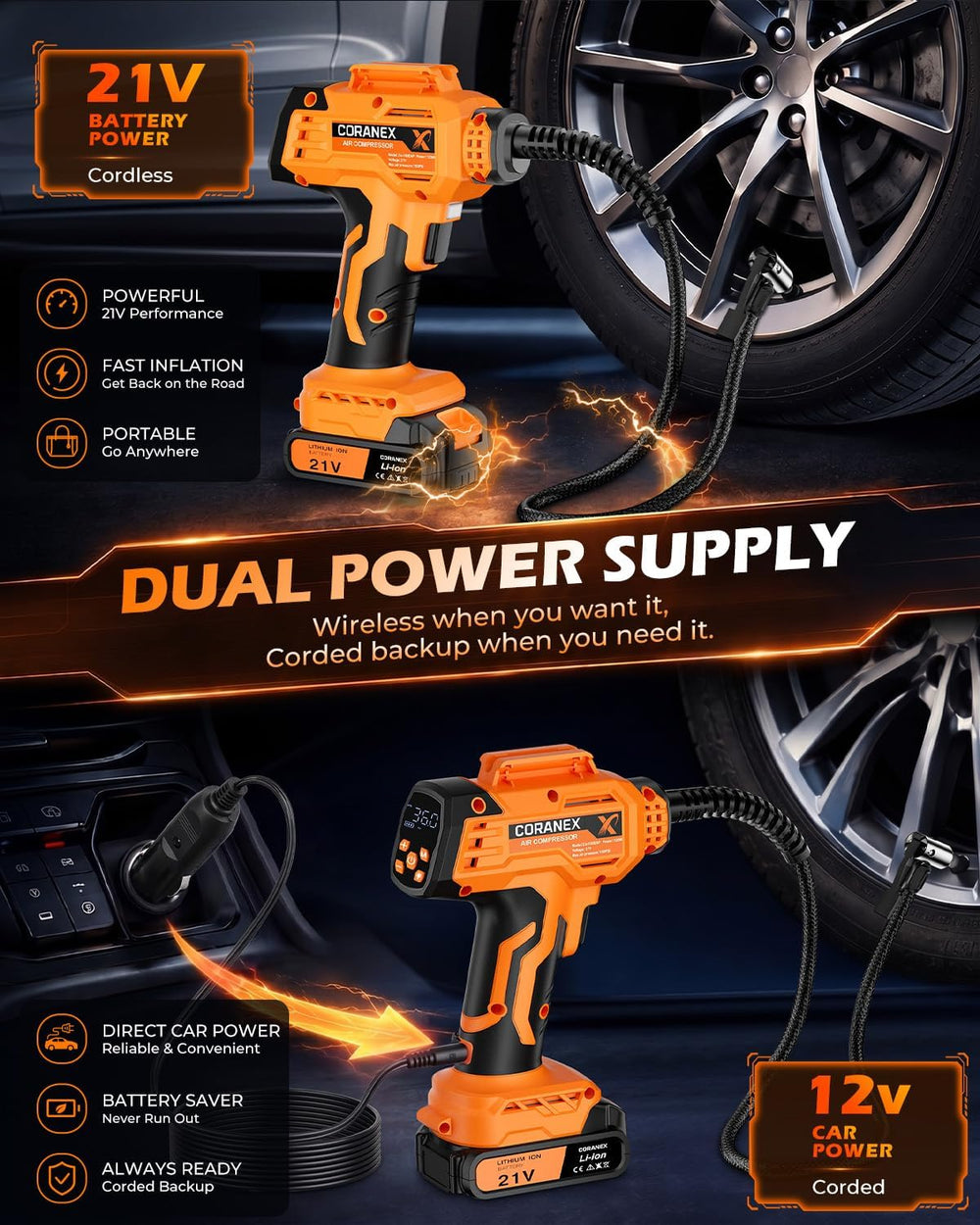 Tire Inflator Portable Air Compressor | 21V Battery and 12V Cord