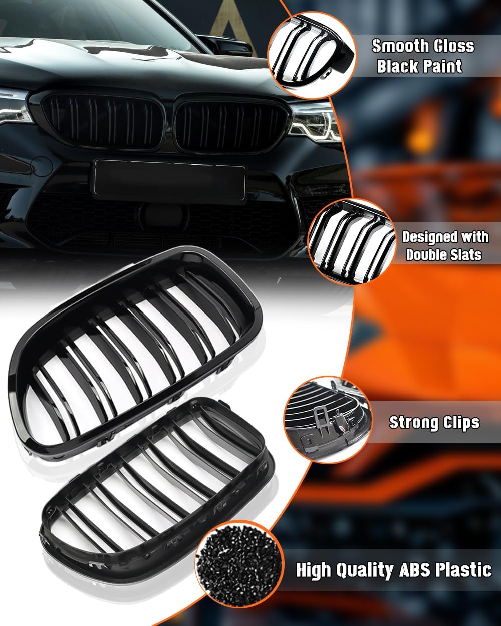 Double Slats Gloss Black Front Grill Compatible with 2012-2018 BMW 3 Series F...