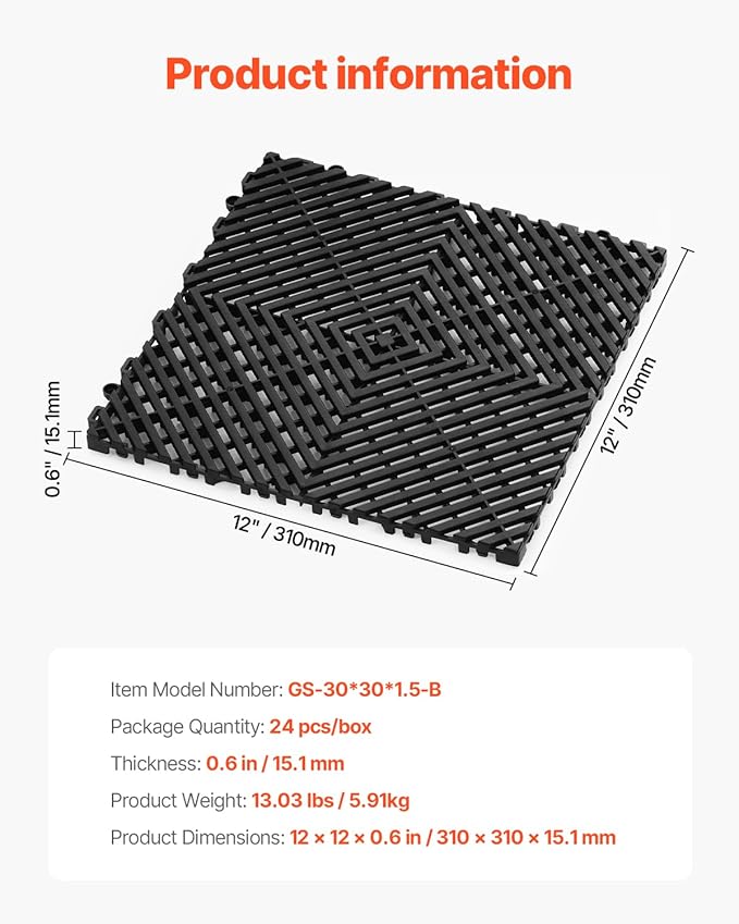 VEVOR Interlocking Drainage Mat, 12” x 12” Modular Interlocking Cushion (24 Pcs)
