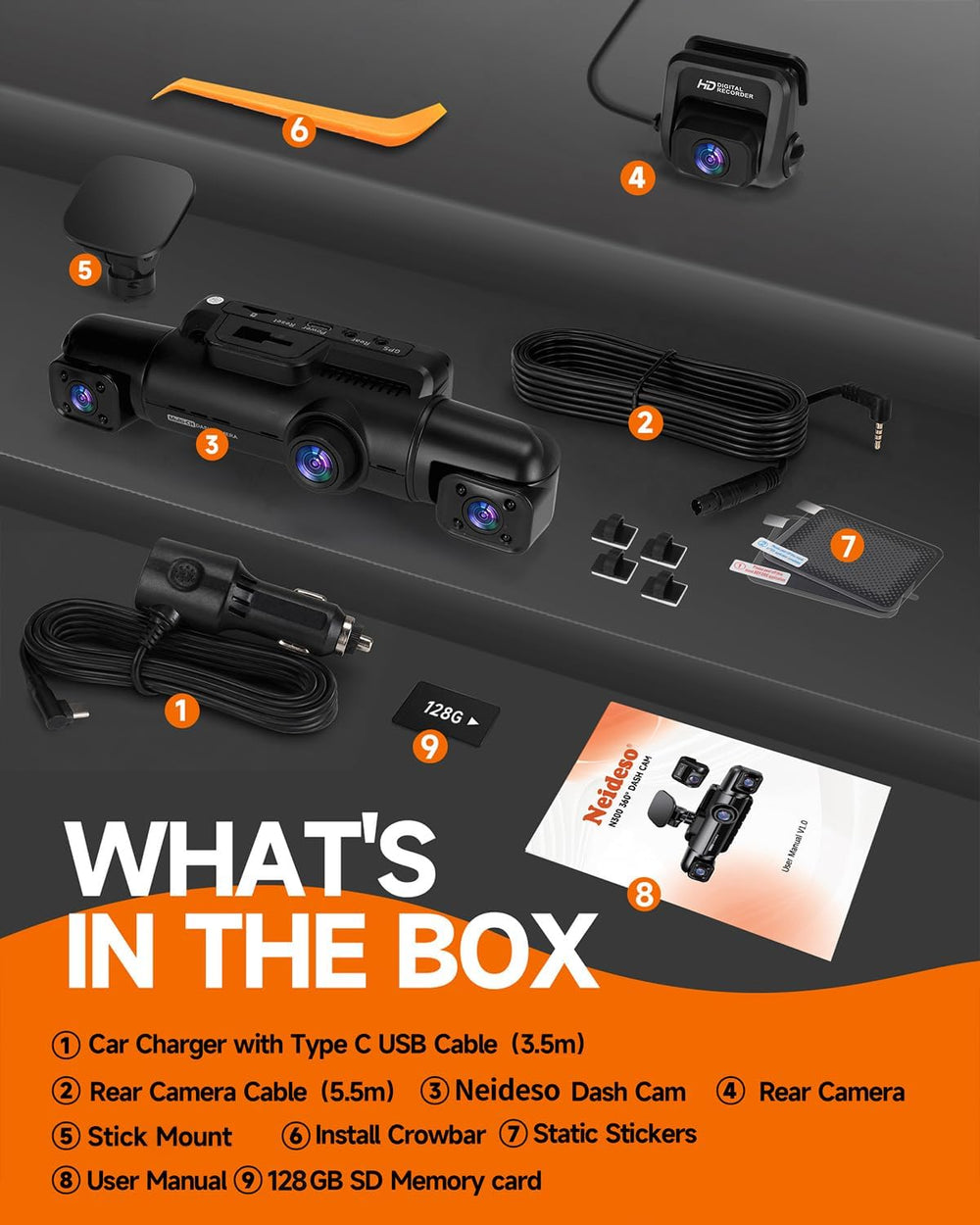 Neideso 360ยฐ Dash Cam Front and Rear Inside, 4 Channel Dash Camera for Car