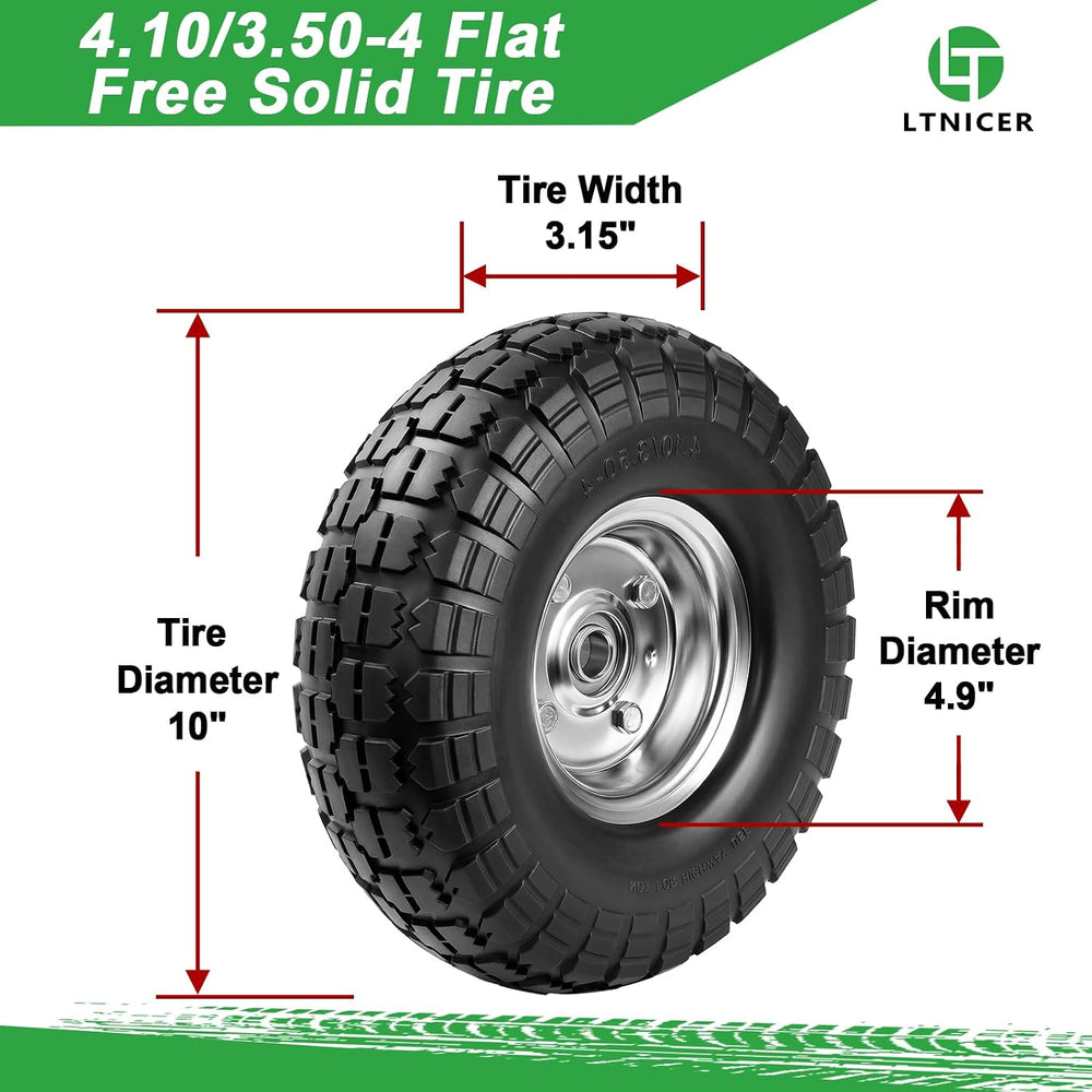 4.10/3.50-4 Tire Wheels Flat Free 10" Heavy Duty Solid Flat-Free Replace...