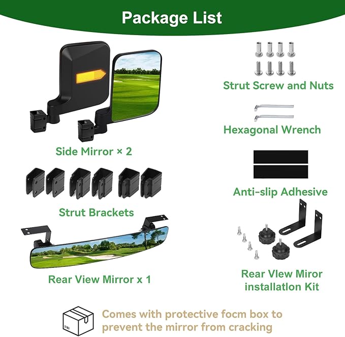 Golf Cart Mirrors Kit for EZGO Club Car Yamaha, No-Drilling Night Safety
