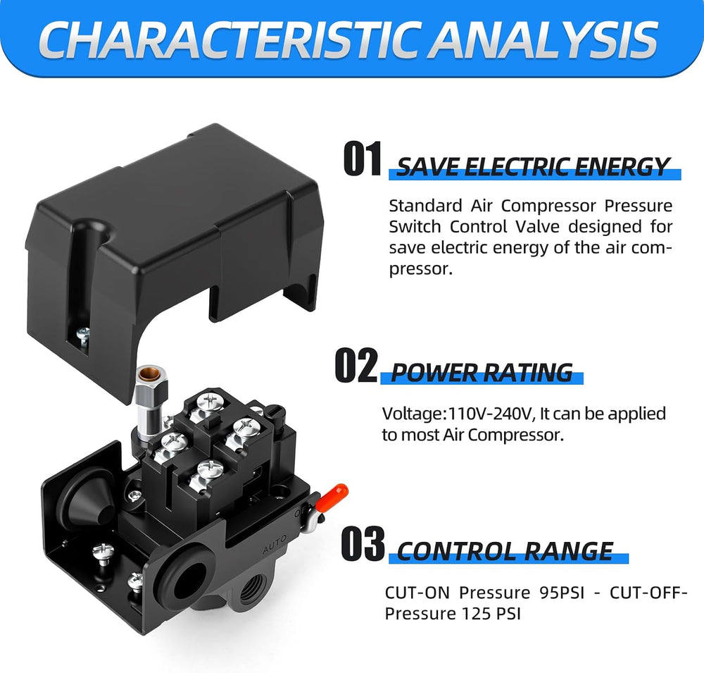 MEANLIN MEASURE Air Compressor Pressure Switch Control Valve 95-125 PSI 110V-...