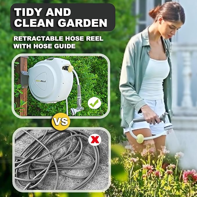 Retractable Garden Hose Reel, 5/8 in 65+6 ft, Heavy Duty Wall Mounted Water