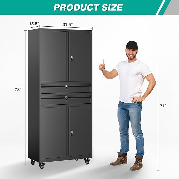 Metal Storage Cabinet with Wheels and Drawers, Rolling Garage Storage Cabinet