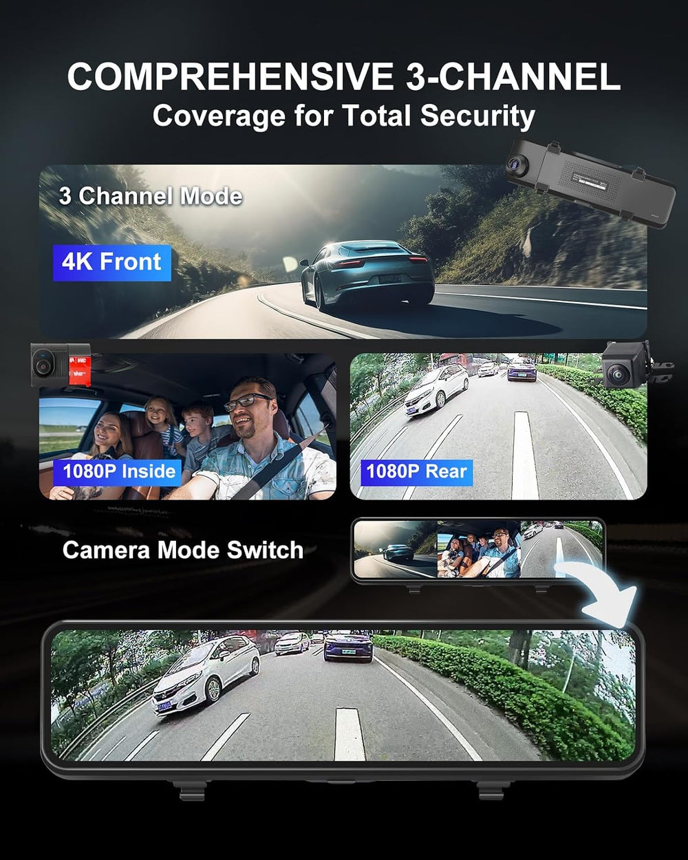 4K 3 Channel Mirror Dash Cam, 11" Triple Camera Rear View Mirror