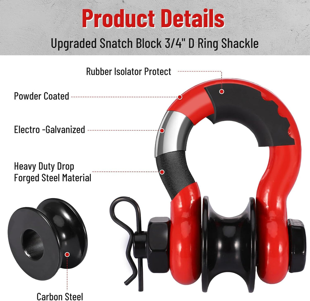 3/4" D Ring Shackle with Upgraded Snatch Blocks,57,000 lbs(28.5 Ton) Max...