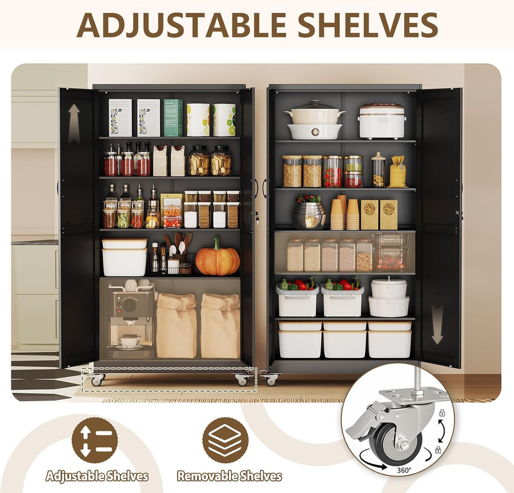 Metal Garage Storage Cabinet, 79”Tall Rolling Utility Cabinet Black