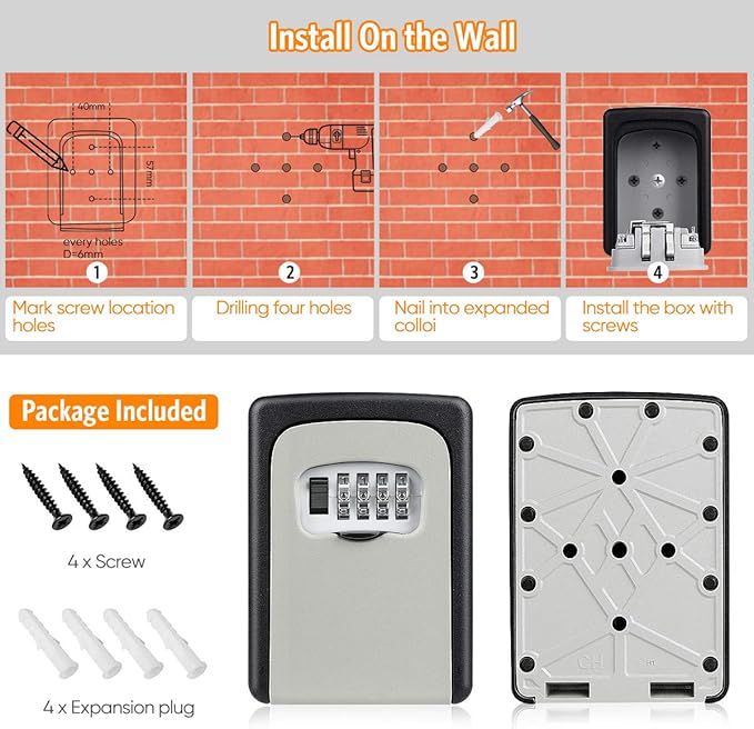 Key Lock Box Wall Mounted, Fayleeko 4 Digit Combination Lockbox (4Pack)
