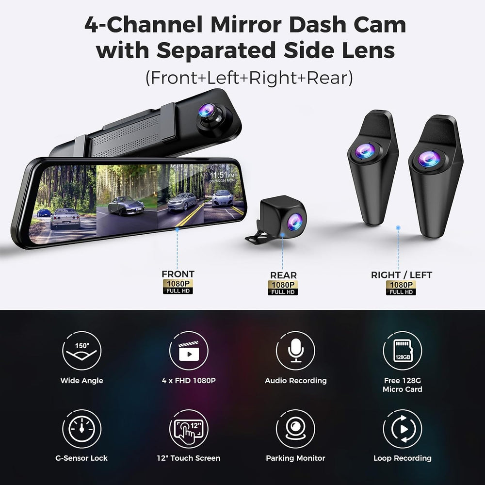360ยฐ View 4 Channel Mirror Dash Cam Detached Side Camera for Cars