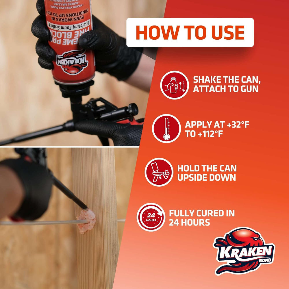 Kraken Bond Xtreme Pro Fire Block Expanding Foam Sealant (12x24oz), Professio...