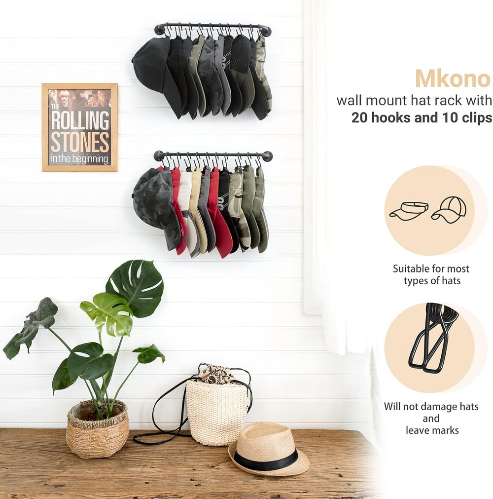 Mkono Hat Rack for Wall Baseball Cap Organizer Hanger with 20 Hooks Modern Me...