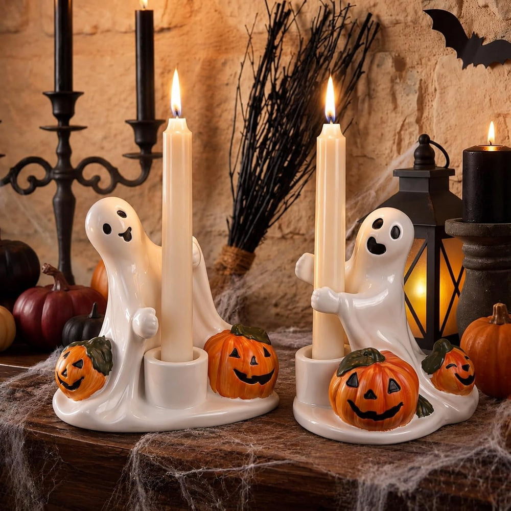 Vesici 2 Pcs Halloween Pumpkin and Ghost Candle Holder for Centerpieces