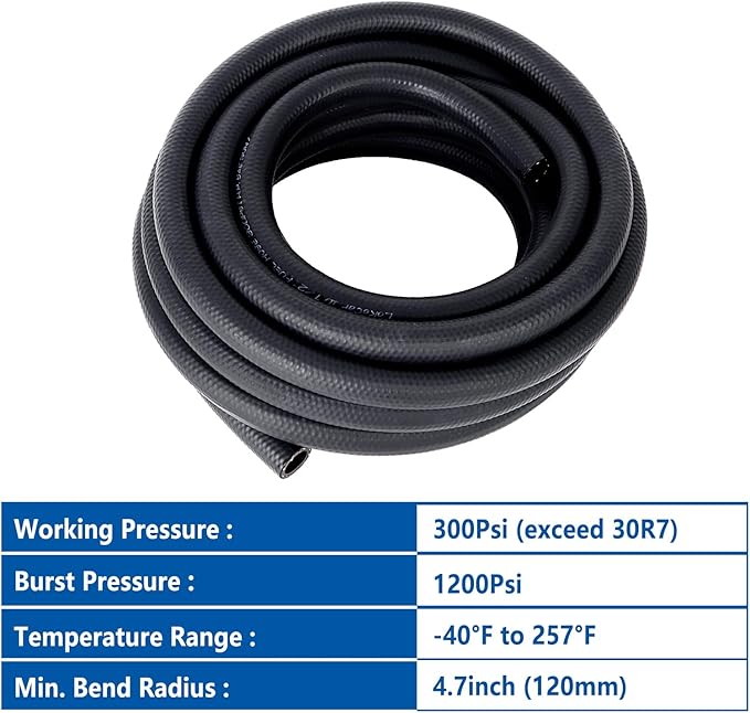 LokoCar Rubber Fuel Hose Line Push Lock 1/2" ID SAE 30R7 NBR 25ft 300PSI...