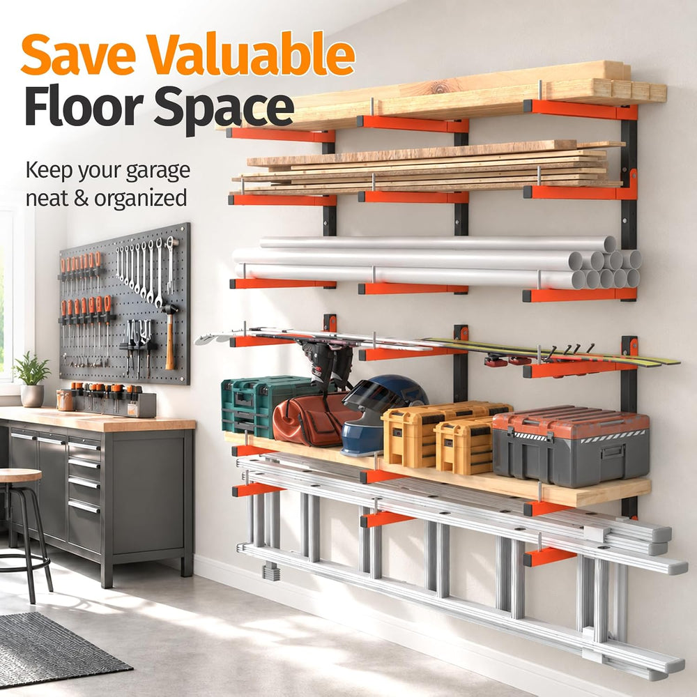 6 Pack Lumber Storage Rack Wall Mount, 1980LBS Heavy Duty Wood Rack- Orange