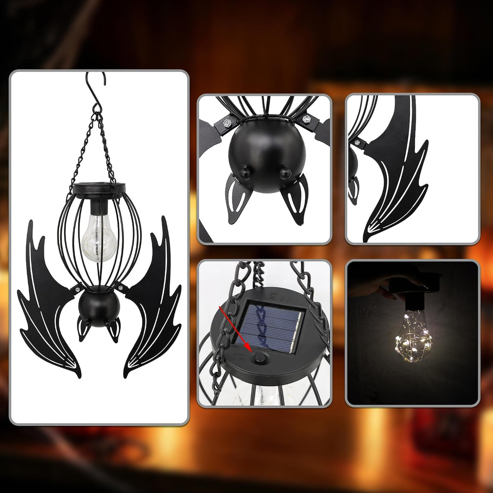 Halloween Bat Lantern 19.5in Iron Upside-Down Hanging Solar Light