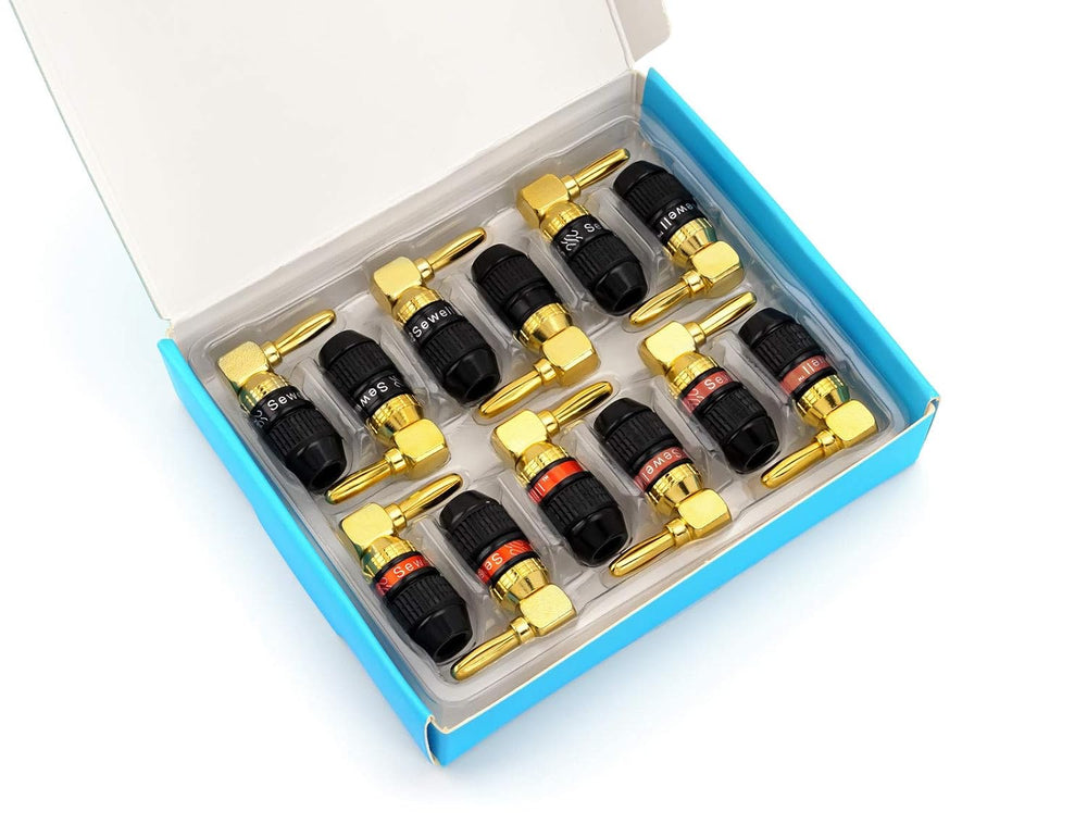Sewell Deadbolt Right-Angle Banana Plugs, 6 Pairs Quick Connect Gold Plated S...