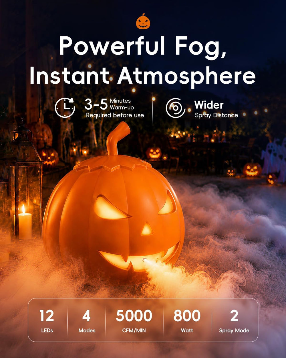 HOPOCO Halloween Pumpkin Fog Machine with 12 LED Colors & 4 Light Modes