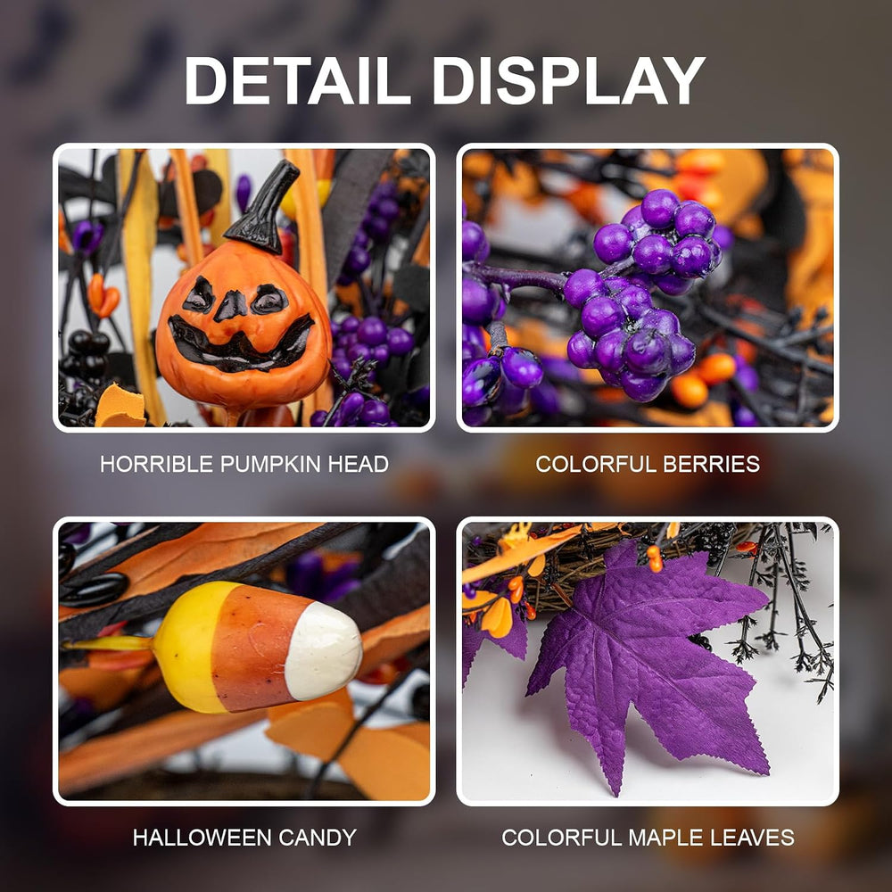 J'FLORU Black Halloween Wreath 22 Inch Artificial Halloween Wreaths for F...