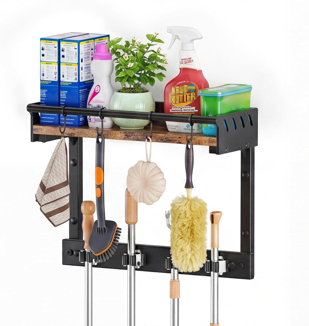 Broom Holder Wall Mount with Shelf,Broom Hanger with 4 Hooks,Broom and Mop Or...