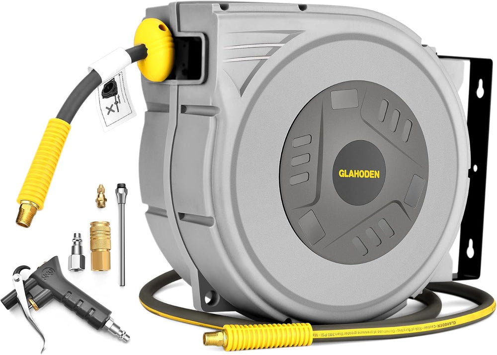 GLAHODEN Enclosed Retractable Air Hose Reel, 3/8 in x 80 Ft Hybrid Hose Air C...