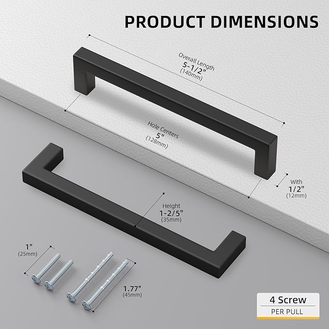 Matte Black Kitchen Pulls Bathroom Cabinet Drawer Closet Flat Square Bar Pull...
