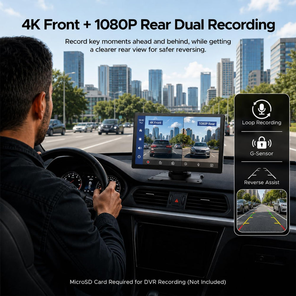 9" Wireless CarPlay Screen, 4K Front + 1080P Rear Dual Dash Cam