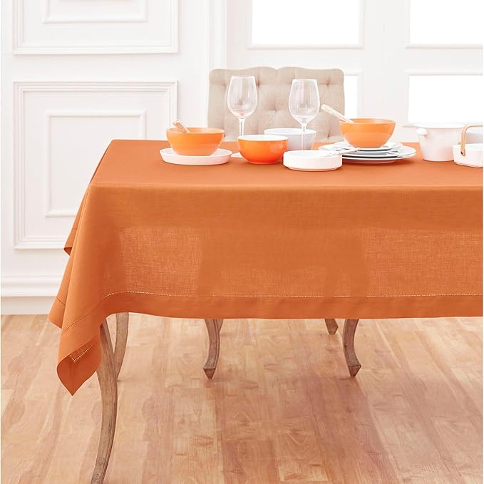 Solino Home Linen Square Tablecloth 52 x 52 Inch - 100% Pure Linen Pumpkin Ta...