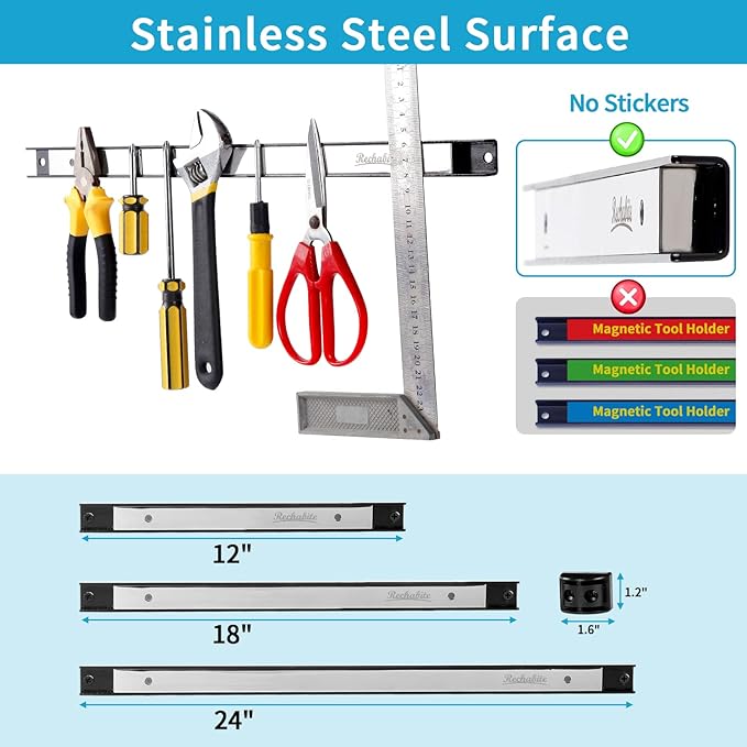 12" 18" 24" Magnetic Tool Holder Strip, Stainless Steel Surfac...