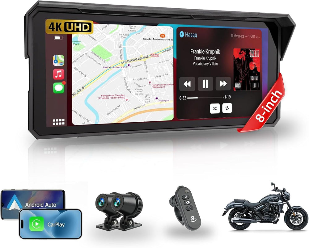 8.1 Inch Largest Motorcycle CarPlay Screen with 4K Dash Cam