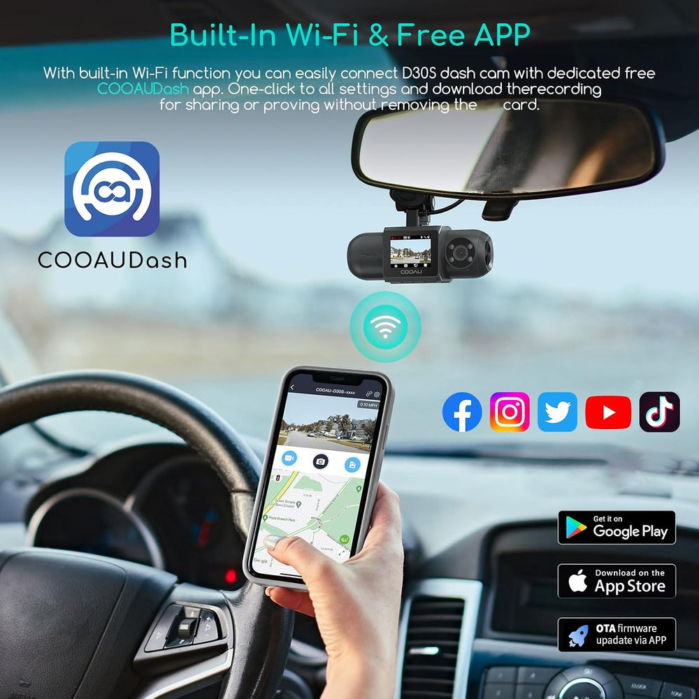 COOAU D30S 4K Dash Cam with GPS Wi-Fi, Front and Inside Dual 2.5K 1080P, Uber...