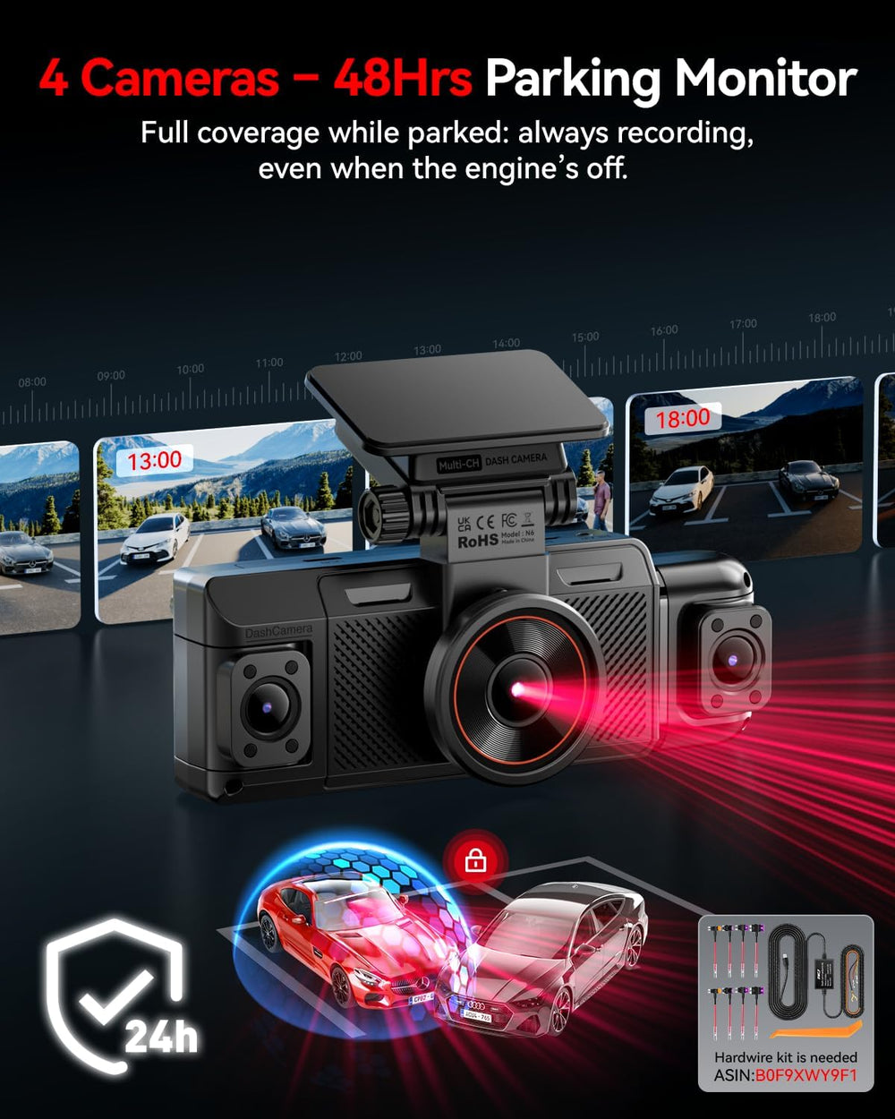 IIWEY N6 360ยฐ Dash Cam 4 Channel, Free 128GB Card, 8 IR Lights Night Vision