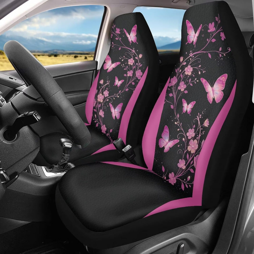 Howilath Universal Fit Pink Butterfly Flower Car Seat Covers 2-Piece Elastic ...