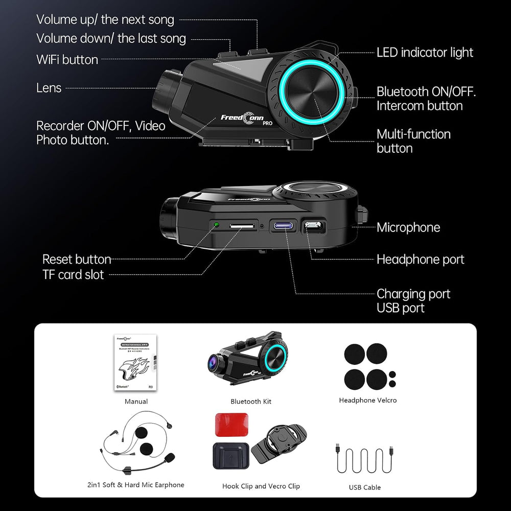FreedConn Motorcycle Bluetooth Headset with Camera 2K Hi-Res 360°Shooting 6 R...