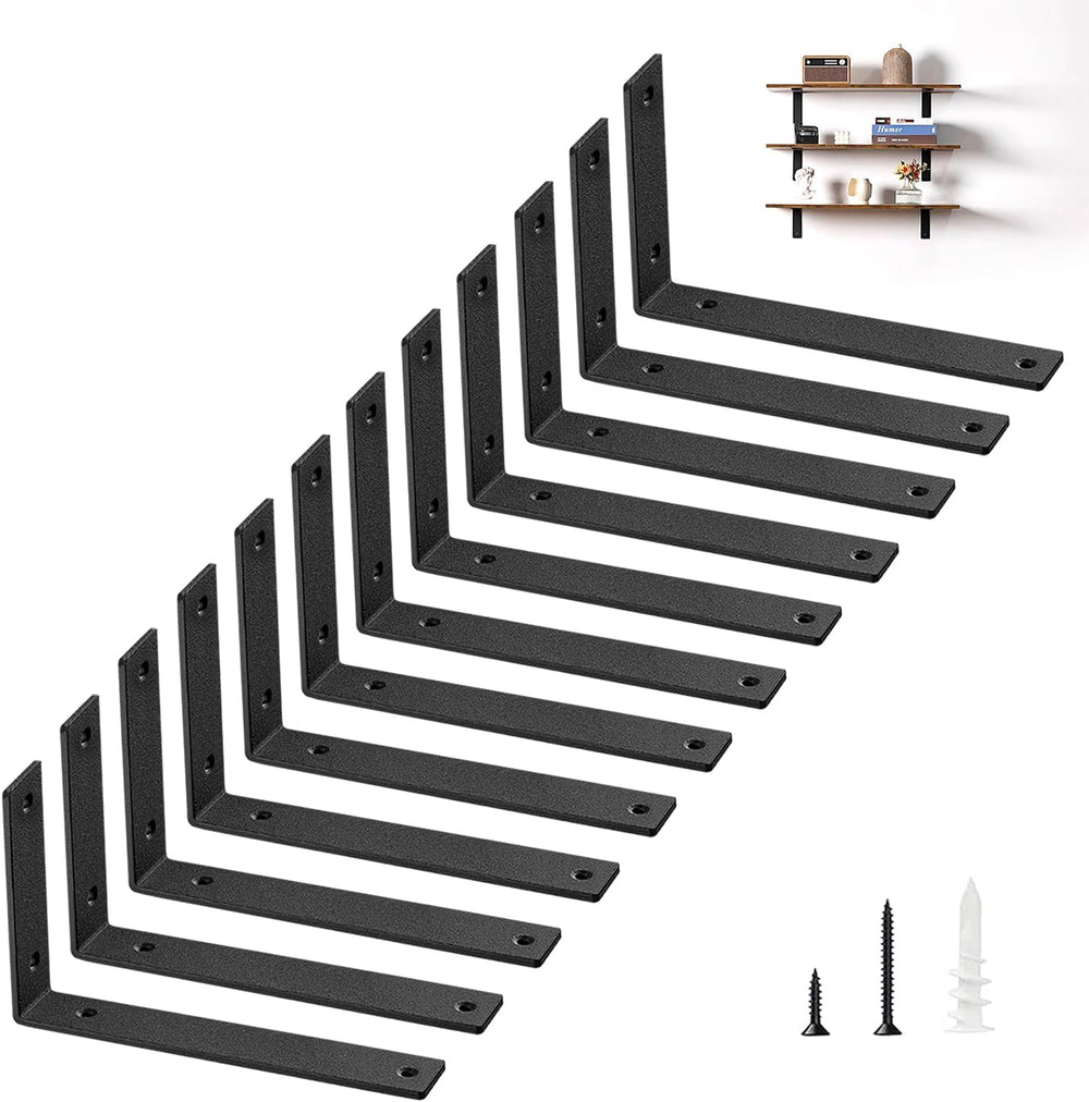 Shelf Brackets Heavy Duty 10 Inch Black L Brackets for Shelves 12 Pack 5mm Th...