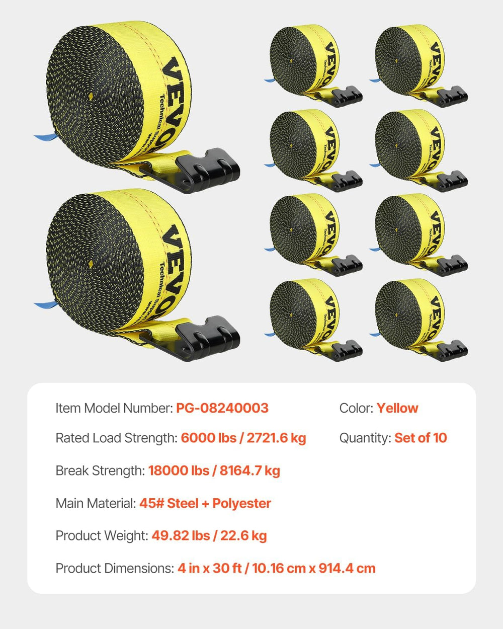 VEVOR Truck Straps, 4" x 30' Tie Down w/Flat Hooks 18,000lbs Break S...