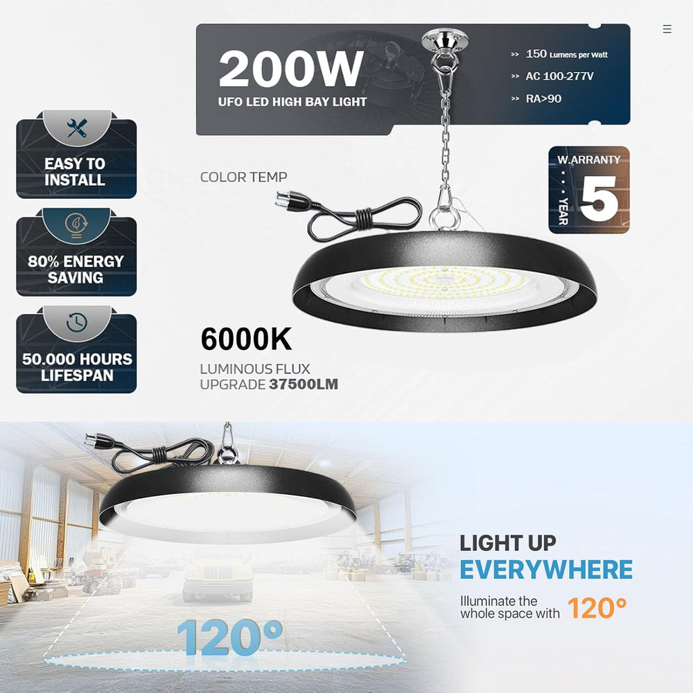 8Pack 200W UFO LED High Bay Light,30000lm 6000K Daylight 2000W Equivalent wit...