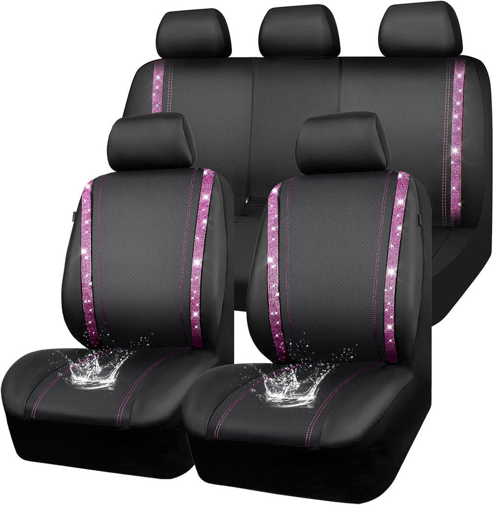 CAR PASS Bling Diamond Car Seat Covers Full Set, Shining Rhinestone Waterproo...