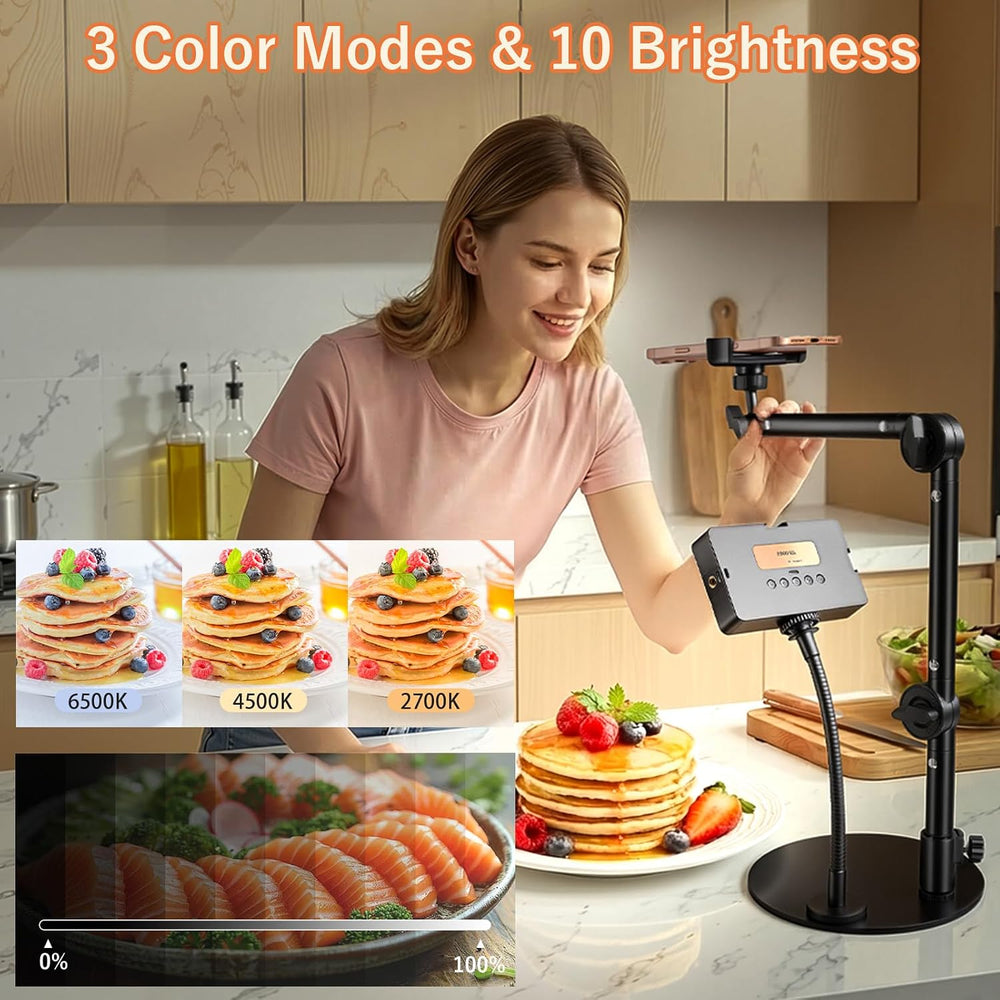 Overhead Phone Mount, 360° Adjustable Height & Position,Selfie Lights
